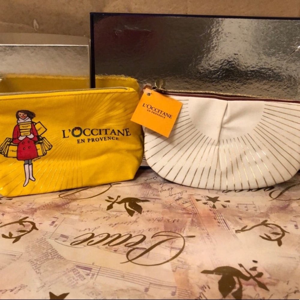 NWT 2pc L’OCCITANE Gold Gilded Makeup Bags